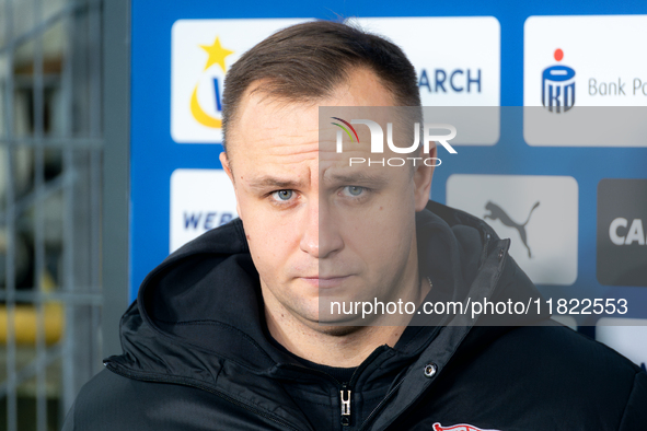 Cracovia coach Dawid Kroczek speaks to the media before the game between KS Cracovia and Zaglebie Lubin in Krakow, Poland, on November 29, 2...