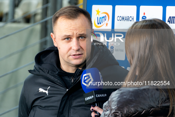 Cracovia coach Dawid Kroczek speaks to the media before the game between KS Cracovia and Zaglebie Lubin in Krakow, Poland, on November 29, 2...