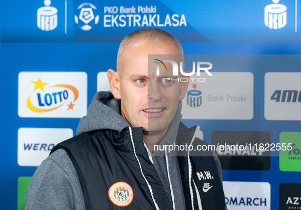 Zaglebie Lubin coach Marcin Wlodarski speaks to the media before the game between KS Cracovia and Zaglebie Lubin in Krakow, Poland, on Novem...