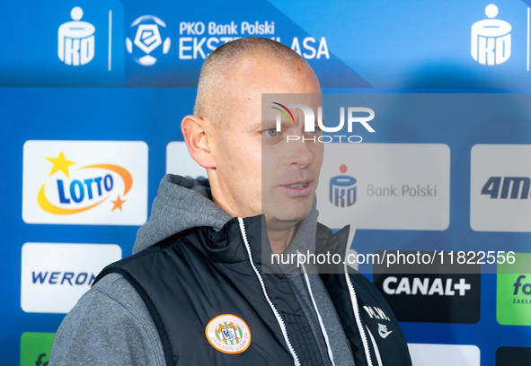 Zaglebie Lubin coach Marcin Wlodarski speaks to the media before the game between KS Cracovia and Zaglebie Lubin in Krakow, Poland, on Novem...