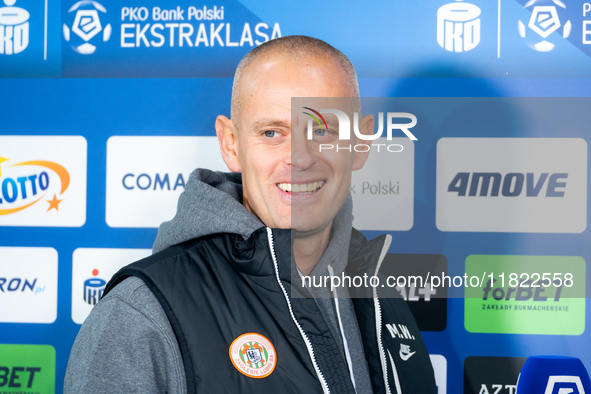 Zaglebie Lubin coach Marcin Wlodarski speaks to the media before the game between KS Cracovia and Zaglebie Lubin in Krakow, Poland, on Novem...