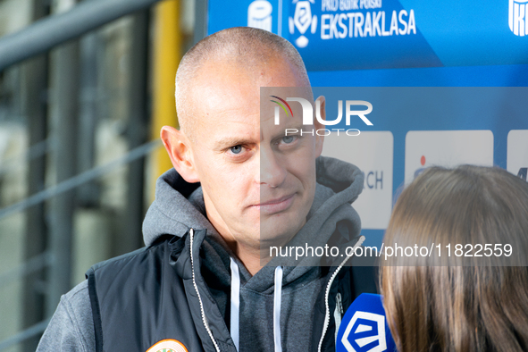 Zaglebie Lubin coach Marcin Wlodarski speaks to the media before the game between KS Cracovia and Zaglebie Lubin in Krakow, Poland, on Novem...