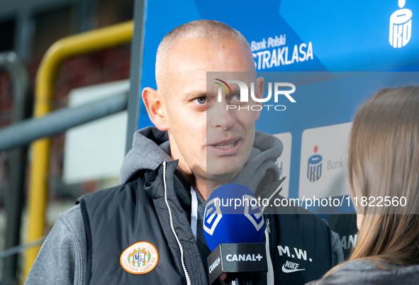 Zaglebie Lubin coach Marcin Wlodarski speaks to the media before the game between KS Cracovia and Zaglebie Lubin in Krakow, Poland, on Novem...