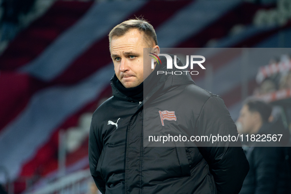 Cracovia coach Dawid Kroczek is present during the game between KS Cracovia and Zaglebie Lubin in Krakow, Poland, on November 29, 2024. This...