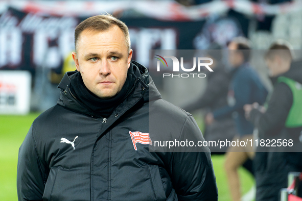 Cracovia coach Dawid Kroczek is present during the game between KS Cracovia and Zaglebie Lubin in Krakow, Poland, on November 29, 2024. This...