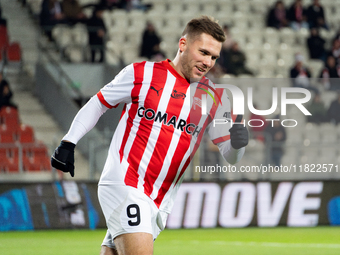 Benjamin Kallman participates in the game between KS Cracovia and Zaglebie Lubin in Krakow, Poland, on November 29, 2024. This is a PKO BP E...