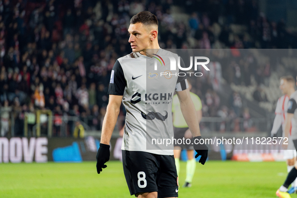 Damian Dabrowski participates in the game between KS Cracovia and Zaglebie Lubin in Krakow, Poland, on November 29, 2024. This is a PKO BP E...