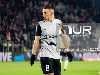 Damian Dabrowski participates in the game between KS Cracovia and Zaglebie Lubin in Krakow, Poland, on November 29, 2024. This is a PKO BP E...