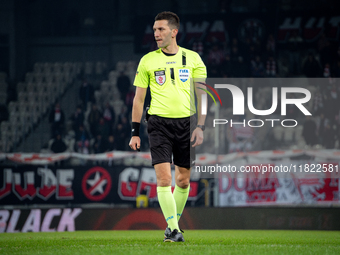 Referee Damian Kos officiates the game between KS Cracovia and Zaglebie Lubin in Krakow, Poland, on November 29, 2024. This is a PKO BP Ekst...