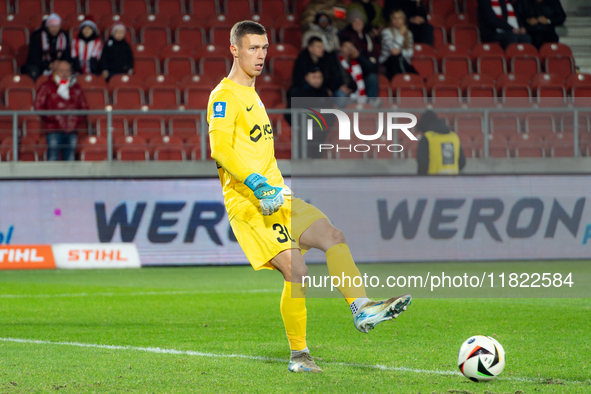 Goalkeeper Dominik Hladun plays during the game between KS Cracovia and Zaglebie Lubin in Krakow, Poland, on November 29, 2024. PKO BP Ekstr...