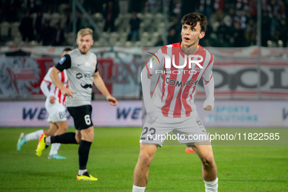 Fabian Bzdyl participates in the game between KS Cracovia and Zaglebie Lubin in Krakow, Poland, on November 29, 2024. This is a PKO BP Ekstr...