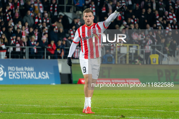 Benjamin Kallman participates in the game between KS Cracovia and Zaglebie Lubin in Krakow, Poland, on November 29, 2024. This is a PKO BP E...