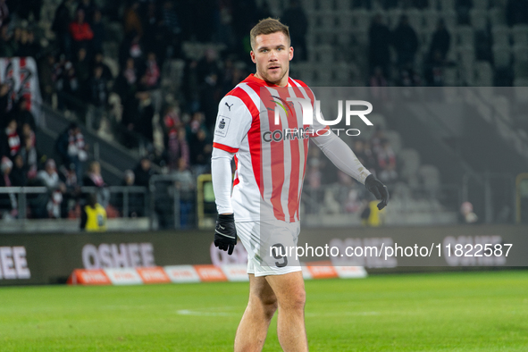 Benjamin Kallman participates in the game between KS Cracovia and Zaglebie Lubin in Krakow, Poland, on November 29, 2024. This is a PKO BP E...