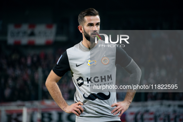 Mateusz Wdowiak participates in the game between KS Cracovia and Zaglebie Lubin in Krakow, Poland, on November 29, 2024. This is a PKO BP Ek...