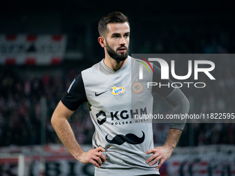 Mateusz Wdowiak participates in the game between KS Cracovia and Zaglebie Lubin in Krakow, Poland, on November 29, 2024. This is a PKO BP Ek...