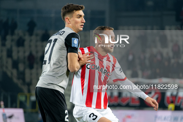 Tomasz Pienko and Andreas Skovgaard participate in the game between KS Cracovia and Zaglebie Lubin in Krakow, Poland, on November 29, 2024....