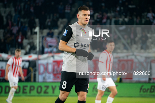 Damian Dabrowski participates in the game between KS Cracovia and Zaglebie Lubin in Krakow, Poland, on November 29, 2024. This is a PKO BP E...