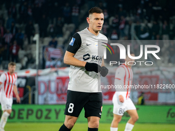 Damian Dabrowski participates in the game between KS Cracovia and Zaglebie Lubin in Krakow, Poland, on November 29, 2024. This is a PKO BP E...