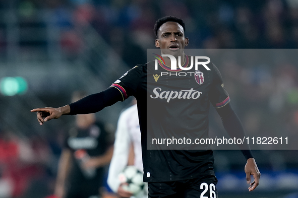 Jhon Lucumi of Bologna FC gestures during the UEFA Champions League 2024/25 League Phase MD5 match between Bologna FC and LOSC Lille at Stad...