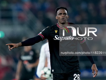 Jhon Lucumi of Bologna FC gestures during the UEFA Champions League 2024/25 League Phase MD5 match between Bologna FC and LOSC Lille at Stad...