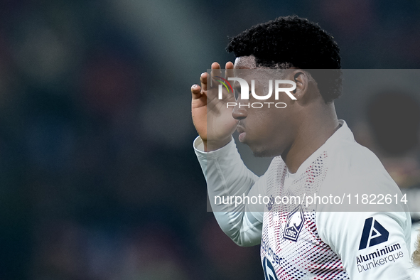 Jonathan David of LOSC Lille reacts during the UEFA Champions League 2024/25 League Phase MD5 match between Bologna FC and LOSC Lille at Sta...