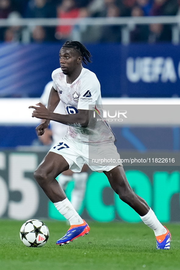 Ngal'ayel Mukau of LOSC Lille during the UEFA Champions League 2024/25 League Phase MD5 match between Bologna FC and LOSC Lille at Stadio Re...