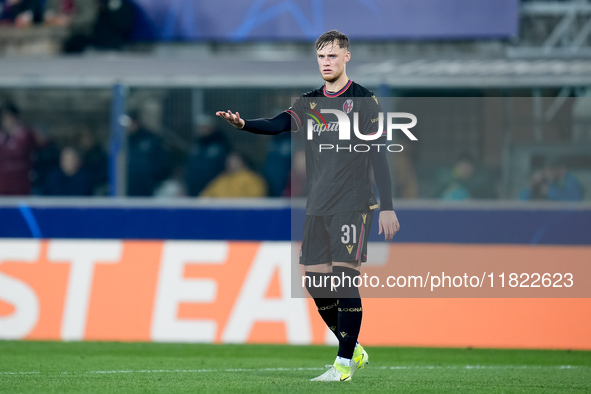 Sam Beukema of Bologna FC gestures during the UEFA Champions League 2024/25 League Phase MD5 match between Bologna FC and LOSC Lille at Stad...