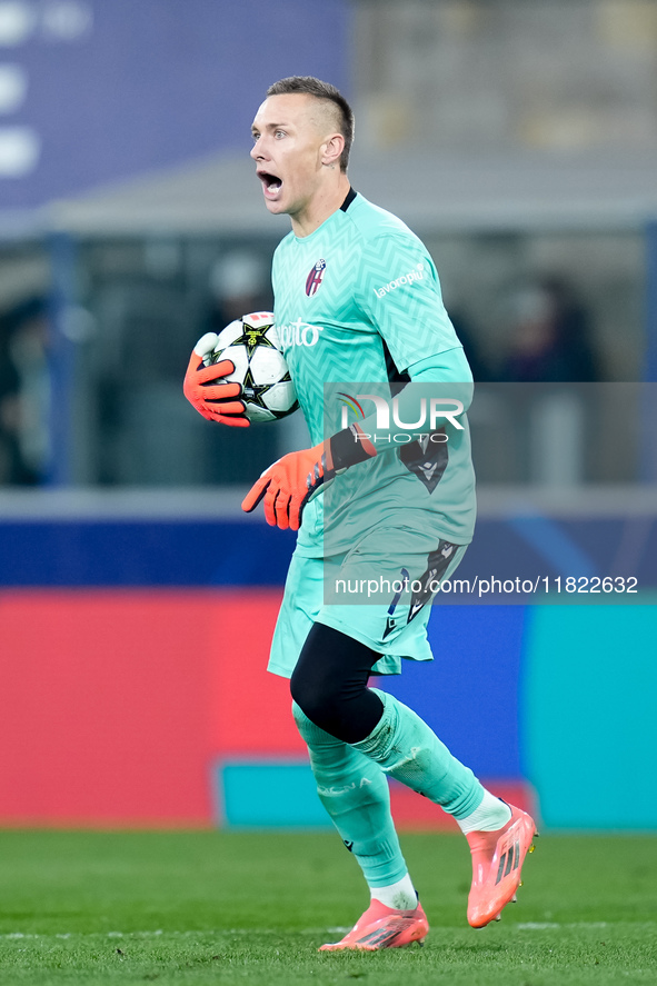 Lukasz Skorupski of Bologna FC yells during the UEFA Champions League 2024/25 League Phase MD5 match between Bologna FC and LOSC Lille at St...