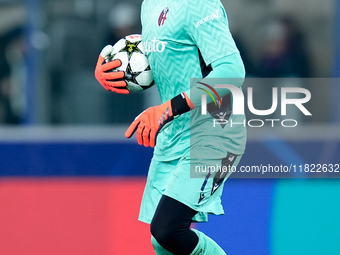 Lukasz Skorupski of Bologna FC yells during the UEFA Champions League 2024/25 League Phase MD5 match between Bologna FC and LOSC Lille at St...