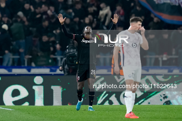 Jhon Lucumi of Bologna FC celebrates after scoring first goal during the UEFA Champions League 2024/25 League Phase MD5 match between Bologn...