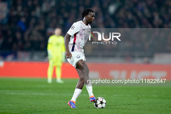 Ngal'ayel Mukau of LOSC Lille during the UEFA Champions League 2024/25 League Phase MD5 match between Bologna FC and LOSC Lille at Stadio Re...