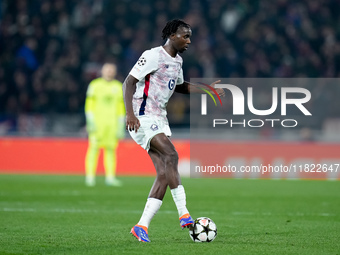 Ngal'ayel Mukau of LOSC Lille during the UEFA Champions League 2024/25 League Phase MD5 match between Bologna FC and LOSC Lille at Stadio Re...