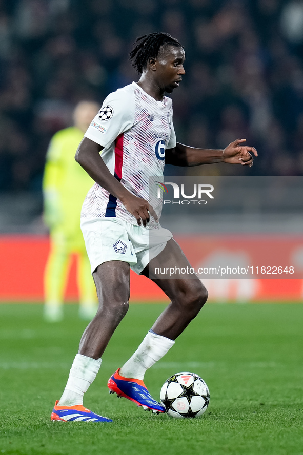 Ngal'ayel Mukau of LOSC Lille during the UEFA Champions League 2024/25 League Phase MD5 match between Bologna FC and LOSC Lille at Stadio Re...