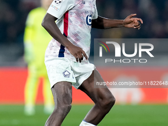 Ngal'ayel Mukau of LOSC Lille during the UEFA Champions League 2024/25 League Phase MD5 match between Bologna FC and LOSC Lille at Stadio Re...