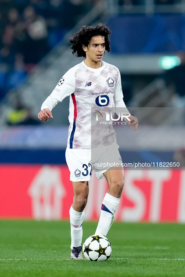 Ayyoub Bouaddi of LOSC Lille during the UEFA Champions League 2024/25 League Phase MD5 match between Bologna FC and LOSC Lille at Stadio Ren...