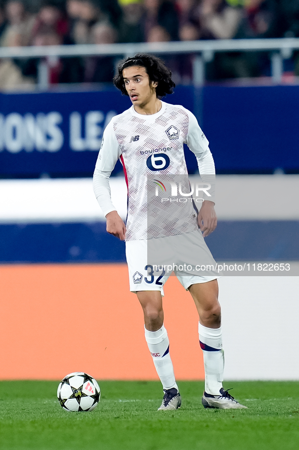 Ayyoub Bouaddi of LOSC Lille during the UEFA Champions League 2024/25 League Phase MD5 match between Bologna FC and LOSC Lille at Stadio Ren...