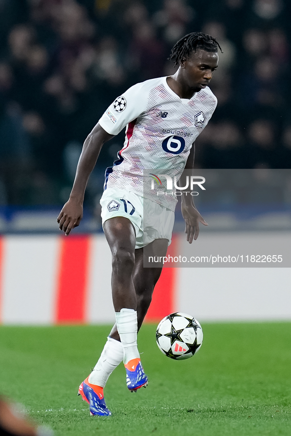 Ngal'ayel Mukau of LOSC Lille during the UEFA Champions League 2024/25 League Phase MD5 match between Bologna FC and LOSC Lille at Stadio Re...