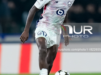 Ngal'ayel Mukau of LOSC Lille during the UEFA Champions League 2024/25 League Phase MD5 match between Bologna FC and LOSC Lille at Stadio Re...