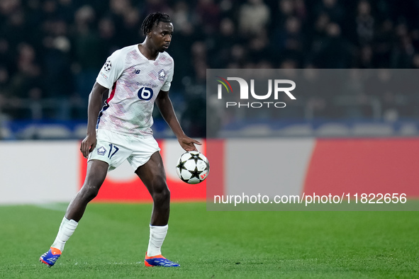 Ngal'ayel Mukau of LOSC Lille during the UEFA Champions League 2024/25 League Phase MD5 match between Bologna FC and LOSC Lille at Stadio Re...