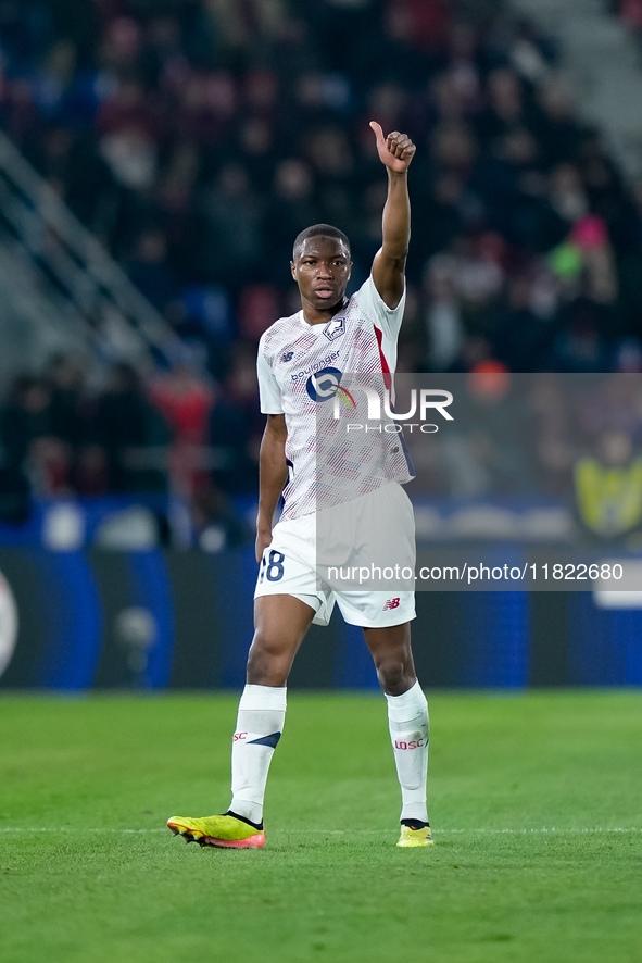 Bafode' Diakite' of LOSC Lille gestures during the UEFA Champions League 2024/25 League Phase MD5 match between Bologna FC and LOSC Lille at...