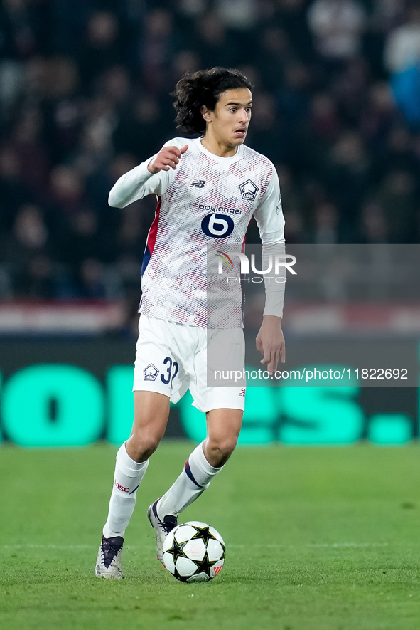 Ayyoub Bouaddi of LOSC Lille during the UEFA Champions League 2024/25 League Phase MD5 match between Bologna FC and LOSC Lille at Stadio Ren...