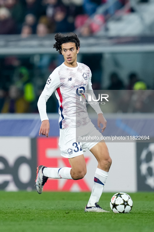 Ayyoub Bouaddi of LOSC Lille during the UEFA Champions League 2024/25 League Phase MD5 match between Bologna FC and LOSC Lille at Stadio Ren...