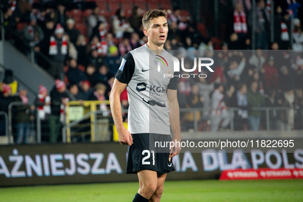 Tomasz Pienko participates in the game between KS Cracovia and Zaglebie Lubin in Krakow, Poland, on November 29, 2024. This is a PKO BP Ekst...