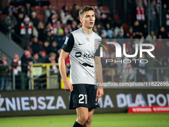 Tomasz Pienko participates in the game between KS Cracovia and Zaglebie Lubin in Krakow, Poland, on November 29, 2024. This is a PKO BP Ekst...