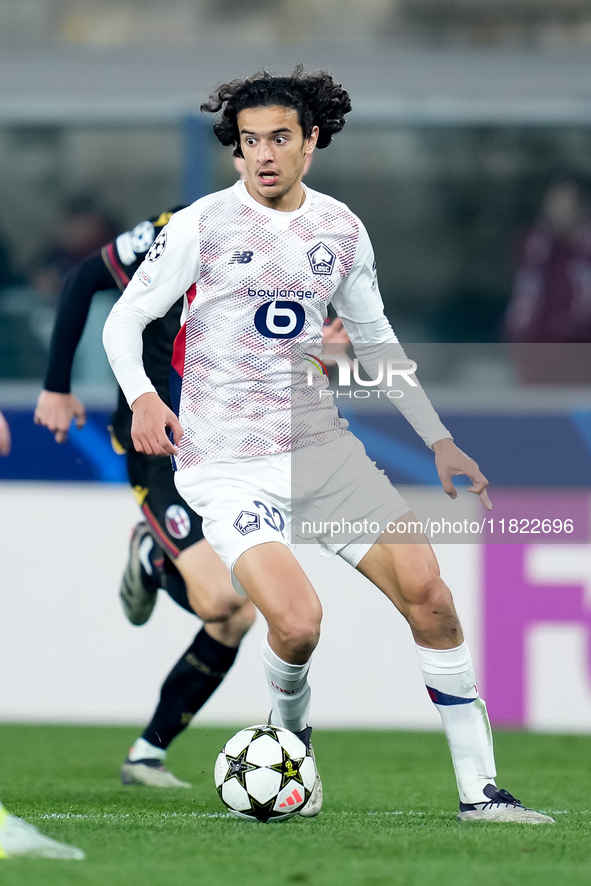 Ayyoub Bouaddi of LOSC Lille during the UEFA Champions League 2024/25 League Phase MD5 match between Bologna FC and LOSC Lille at Stadio Ren...