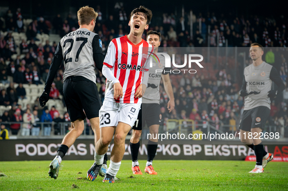 Fabian Bzdyl participates in the game between KS Cracovia and Zaglebie Lubin in Krakow, Poland, on November 29, 2024. This is a PKO BP Ekstr...