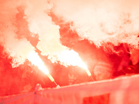 Cracovia fans attend the game between KS Cracovia and Zaglebie Lubin in Krakow, Poland, on November 29, 2024. Team supporters burn smoke fla...