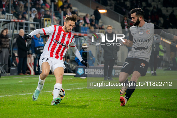 Mateusz Bochniak participates in the game between KS Cracovia and Zaglebie Lubin in Krakow, Poland, on November 29, 2024. This is a PKO BP E...