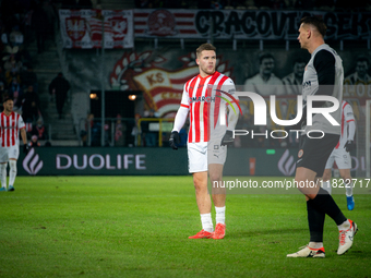 Benjamin Kallman participates in the game between KS Cracovia and Zaglebie Lubin in Krakow, Poland, on November 29, 2024. This is a PKO BP E...