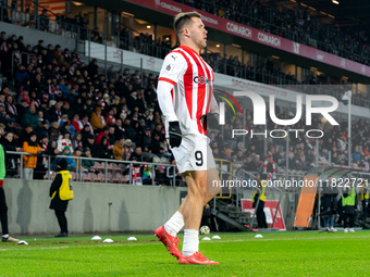 Benjamin Kallman participates in the game between KS Cracovia and Zaglebie Lubin in Krakow, Poland, on November 29, 2024. This is a PKO BP E...